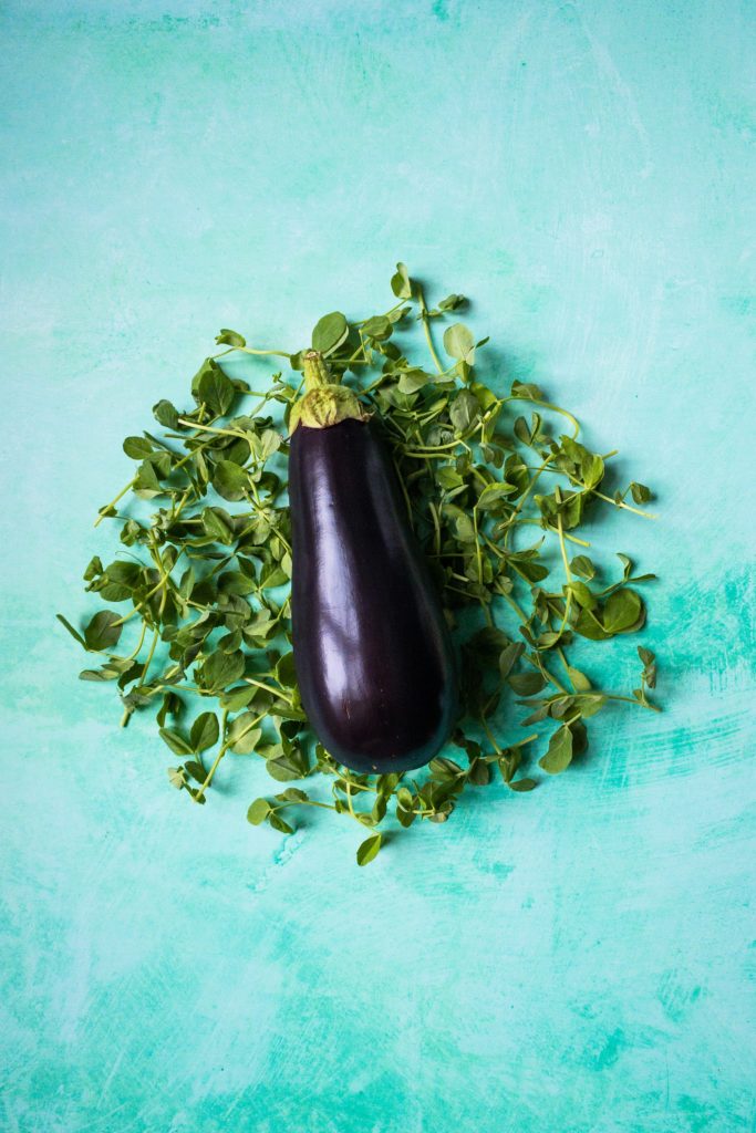 Aubergine and Peashoots